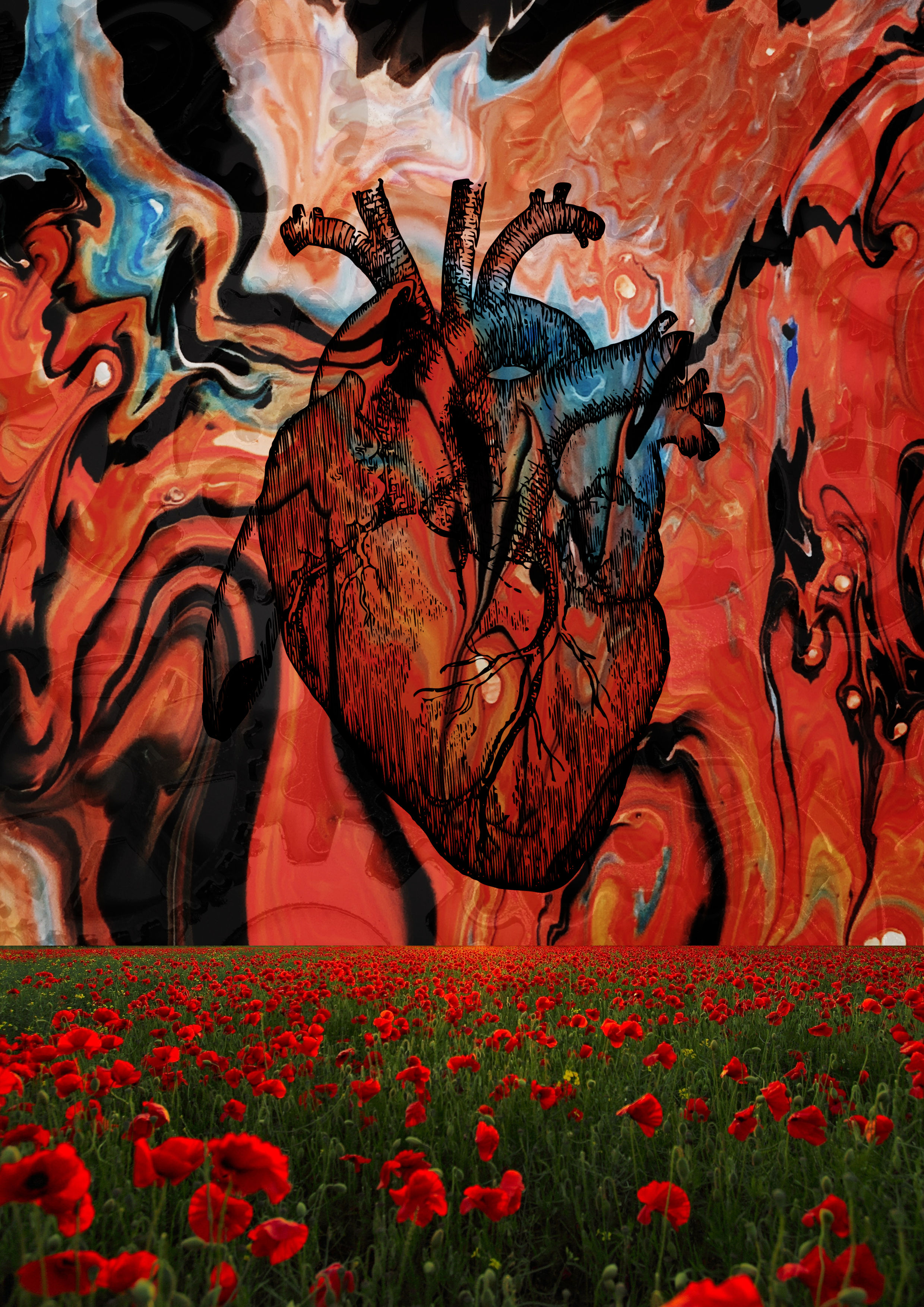 foreground: a field of red poppies. background: swirls of red with streaks of black and some blue and a human heart, rendered against them in black linework. if you look closely, shapes of gears are visible thru the colour-swirls